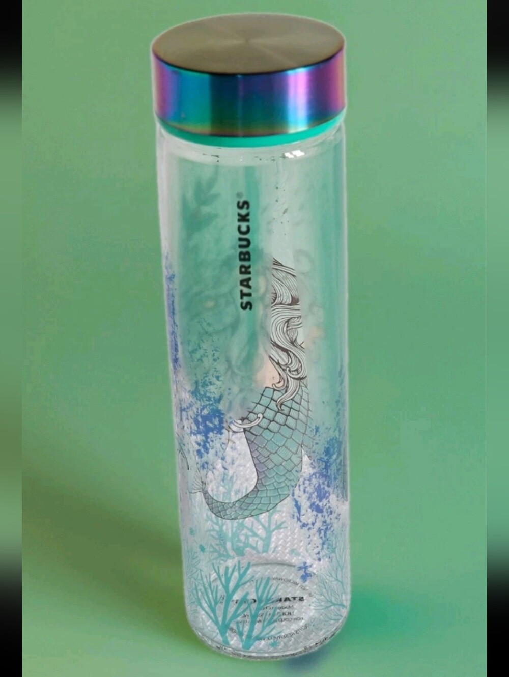 NWOT "Vtg"Starbucks agua glass water btl swimming siren. Irid ss and plastic lid - Picture 2 of 7
